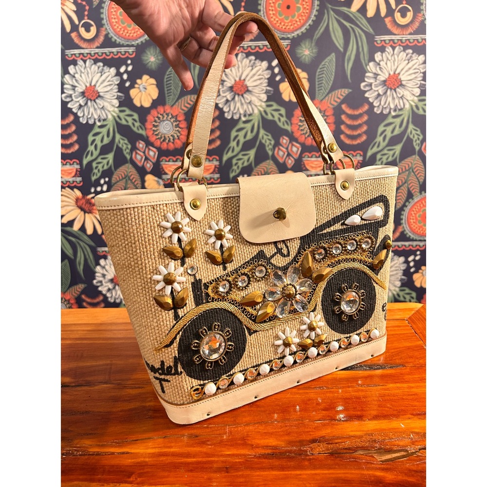 VTG Enid Collins of Texas Model T Jeweled Burlap Wood Box Bag Tote 1963 Novelty